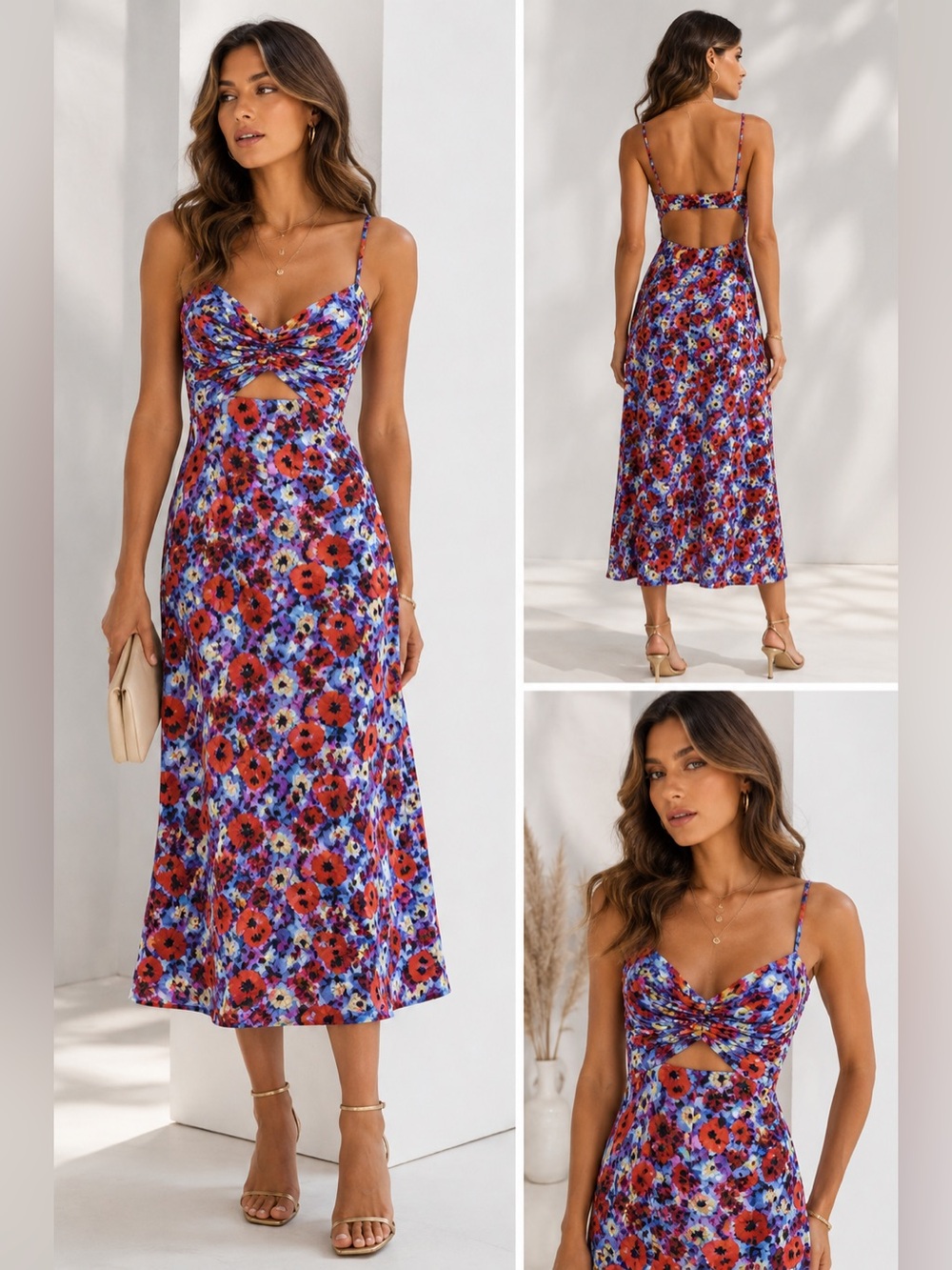 NWT For Love & Lemons S Ruched Floral Cutout Midi Dress